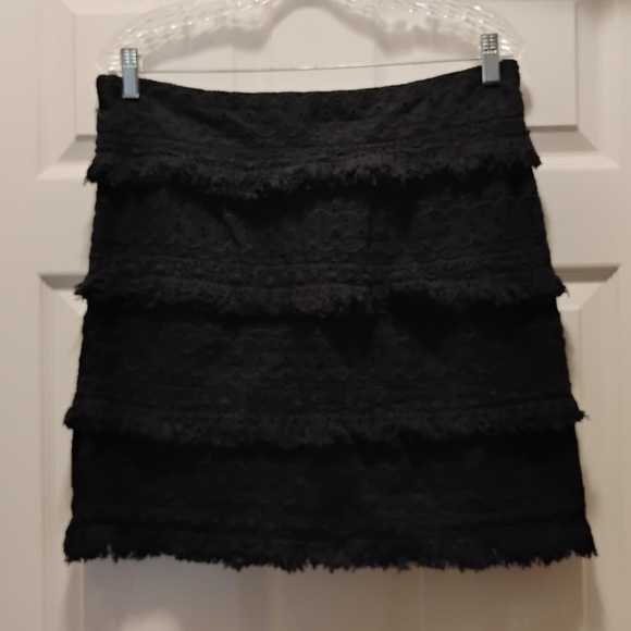 Anthropologie HD in Paris Black Tiered Fringe Eyelet Pencil Mini Skirt Boho - Picture 2 of 4